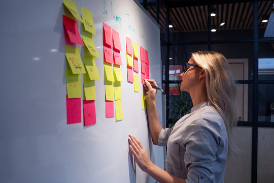 Project management, product development methodologies. A young woman makes notes