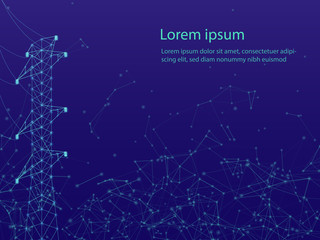 Blue background with High Voltage Power Pylon in isometric style. Steel Powerline Generator. Vector illustration 