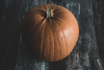 A big dark and moody traditional orange pumpkin on rustic vintage wood floor as concept of halloween or thanksgiving day holiday decoration