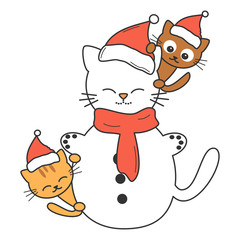 cute cartoon cat snowman with kitties vector holidays illustration isolated on white background