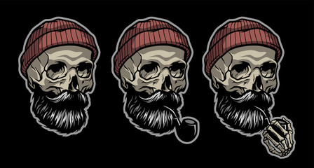 Skull of a sailor in a knitted hat and with a tobacco pipe. In three options. Vector illustration.