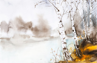 Watercolor illustration of a beautiful autumn forest landscape by the lake