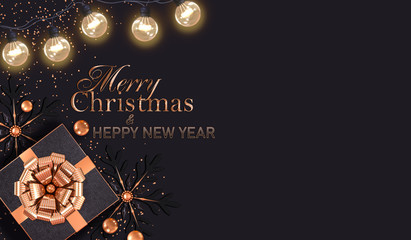 Christmas black, dark background, gift boxes decorated with a golden big bow, shiny tinsel, confetti, balls, lights of illumination, garland, Happy New Year, mixed media, 3D rendering