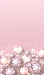 Christmas pastel tender background, round shiny pale pink balls, silver snowflakes, sparkling tinsel, confetti, Happy New Year, 3D rendering.