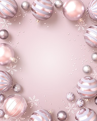 Christmas pastel tender background, round shiny pale pink balls, silver snowflakes, sparkling tinsel, confetti, Happy New Year, 3D rendering.