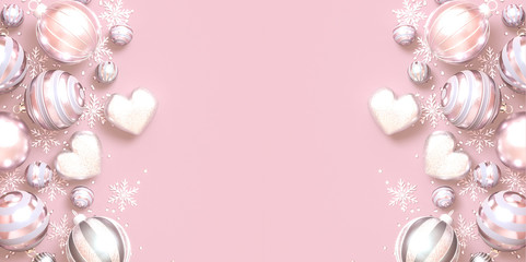 Christmas pastel tender background, round shiny pale pink balls, silver snowflakes, sparkling tinsel, confetti, Happy New Year, 3D rendering.