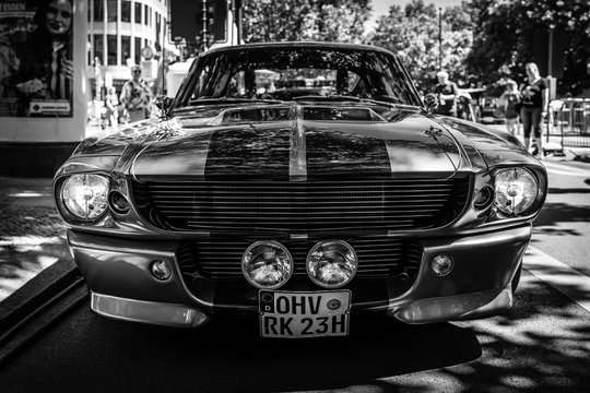BERLIN - JUNE 09, 2018: Pony car Ford Mustang (first generation). Black and white. Classic Days Berlin 2018.