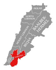 Fototapeta na wymiar Nabatieh red highlighted in map of Lebanon