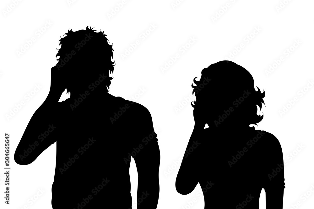 Poster Vector silhouette of couple who call with cell phone on white background. Symbol, of mobile, phone, telephone, speak, talk, communication, callular.