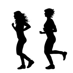Vector silhouette of couple of women who running on white background. Symbol of girl, people, sport, healthy, diet, slim, team.