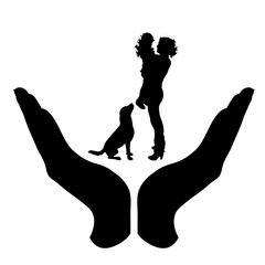 Vector silhouette of a hand in a protection gesture protecting a family. Symbol of insurance, woman, female, child, daughter, dog, pet, mother, people, person, defensive, healthy, safe, security.