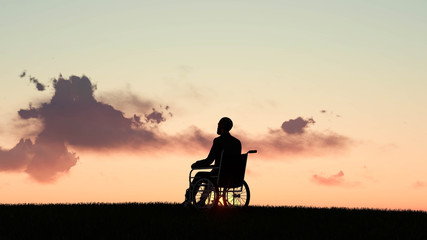 Fototapeta na wymiar Disabled Man at Sunset 3D Rendering