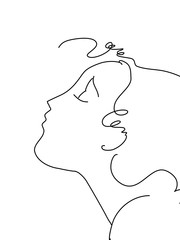 Linear sketch of dreaming girl with closed eyes