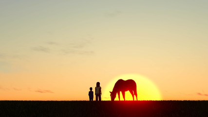 Fototapeta na wymiar Man With Horse at sunset 3D Rendering
