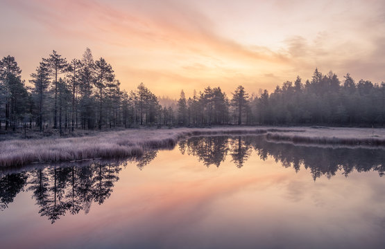 Calmness and cold autumn morning landscape with sunrise, beautiful reflections and peaceful lake in Finland