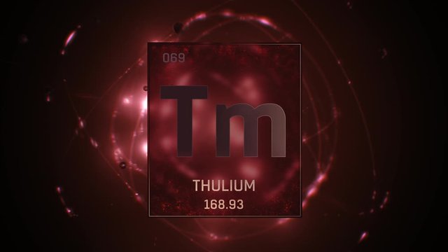 Thulium as Element 69 of the Periodic Table. Seamlessly looping 3D animation on red illuminated atom design background with orbiting electrons. Design shows name, atomic weight and element number