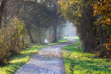 Winding bicycle and footpath along a small river in autumn