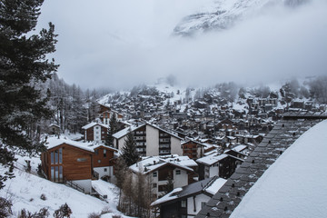 View of the town Zermatt in Switzerland after a snowfall in winter