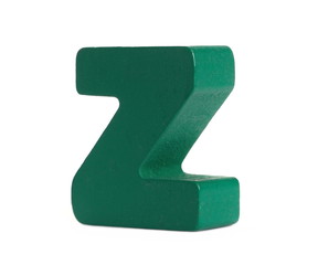 Green wooden alphabet letter z isolated on white background