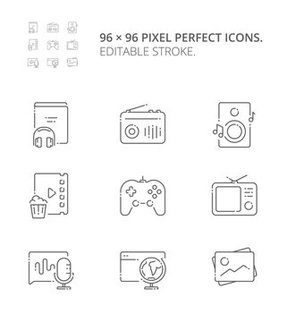 Digital media content categories. Modern vector thin line flat design icons and pictograms set. Audio book, radio, music, movie, TV, podcast, games, e-learning, online courses, photo gallery  