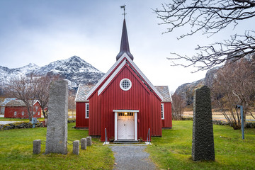 traditional church of lofoten islands - obrazy, fototapety, plakaty