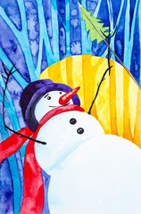 A cheerful snowman in a red scarf and a blue hat holds a Christmas tree. New year holiday watercolor illustration