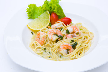 spaghetti cream cheese white sauce with shrimp  Italian food style