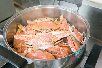 steamed crab in steaming pot.