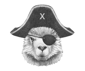 Portrait of Llama with pirate hat and eye patch. Hand-drawn illustration.	