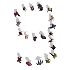 people - arranged in number 9 - top view with shadow - isolated on white background