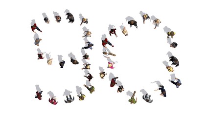 people - arranged in number 90 - top view with shadow - isolated on white background