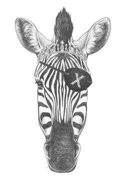 Portrait of Zebra with diadem and eye patch. Hand-drawn illustration. 