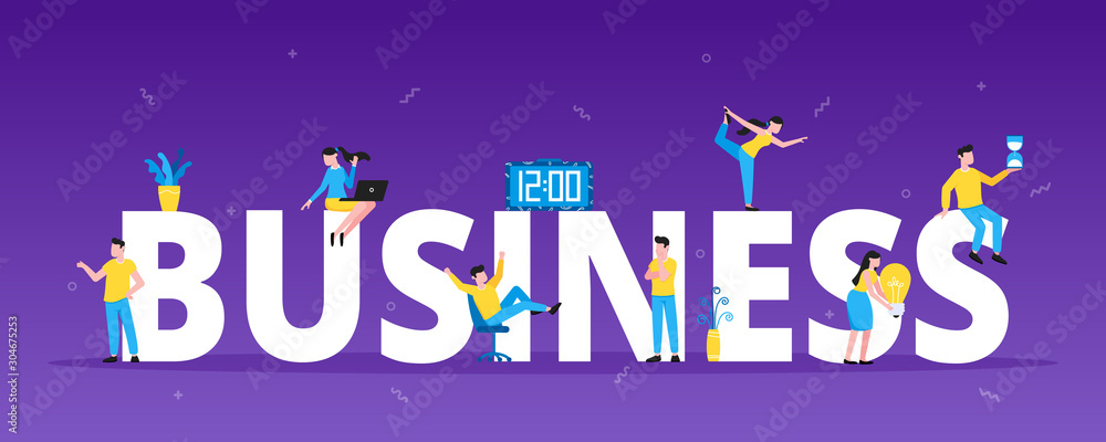 Poster big characters with word business and tiny people working together. abstract gradient and simple sha