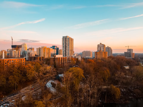 Aerial Photo Of The Urban Cityscape Development And Downtown Skyline In London, Ontario, Canada At Dusk In Late Fall, November 2019. Shows The Growing City Of London Well!