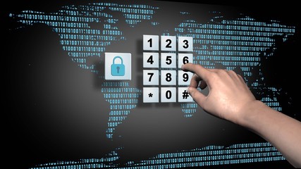 World map and data cloud with closed padlock - pin input at the numeric keypad - business, data and internet security concept - illustrated 3D background - 3D rendering