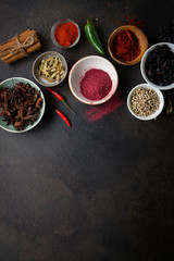 Food background with condiment and spice set