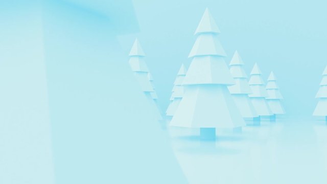 Abstract 3D Polygon Christmas Tree moving up from ground on different pastel color. Camera fly through trees. Background. 4k Seamless loop animation.