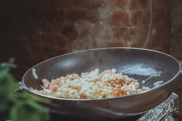 Grilled chicken breast. Grilled chicken fillet and salad of fresh vegetables from tomatoes, cucumbers and arugula leaves. Chicken meat salad. Healthy food. The apartment was lying. View from above.