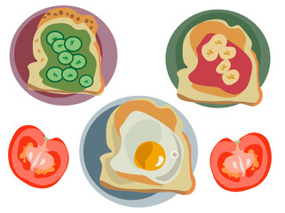 set of vector icons diferent colorful sandwiches on plates green red yellow with egg cucumbers bananas jam cheese guacamole and tomatoes