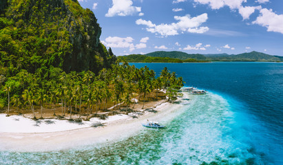 Epic Pinagbuyutan Island, El Nido, Palawan, Philippines. Aerial drone view of remote secluded tropical white sandy beach with coconut palm trees and turquoise blue ocean water