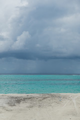 Separate view of a tropical island with turquoise sea, coconut palm trees and blue sky in the Maldives. Indian Ocean Sunset
