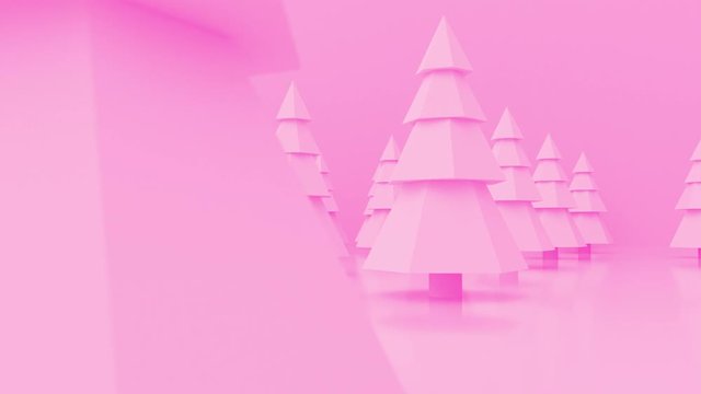 Abstract 3D Polygon Christmas Tree moving up from ground on different pastel color. Camera fly through trees. Background. 4k Seamless loop animation.