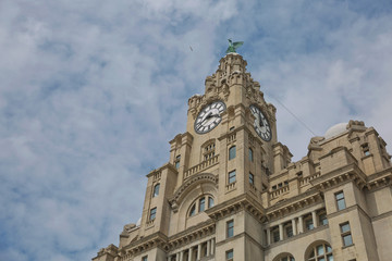 Fototapeta na wymiar Liverpool's Historic Liver Building and Clocktower, Liverpool, England, United Kingdom