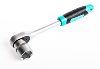 Auto repair shops. Knob for socket wrench nut ratchet close up white background. Ratchet wrench....