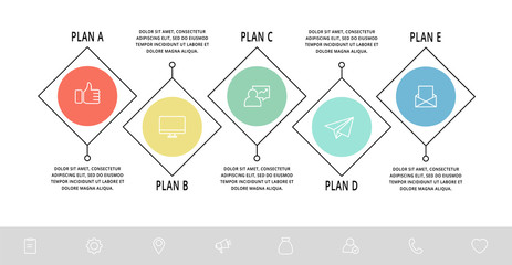 Vector template infographics. Business concept with 5 circles and rhombus. Five steps for content, flowchart, timeline, levels, marketing, presentation, graph, diagrams, slideshow