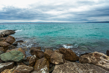 Fototapeta na wymiar Amazing beautiful sea landscape at cloudy rainy day. Horizontal color photography.