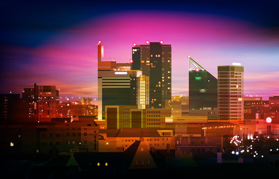 abstract pink illustration with cityscape of City on sunset background