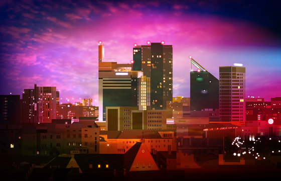abstract purple illustration with cityscape of City on sunset background