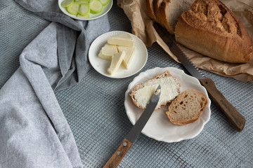 Healthy homemade sandwiches with vegetables and hard-boiled eggs