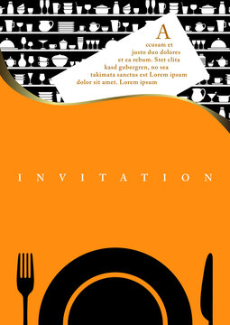 Carte d’invitation à diner, couleur orange avec un motif d’ustensiles de cuisine.
